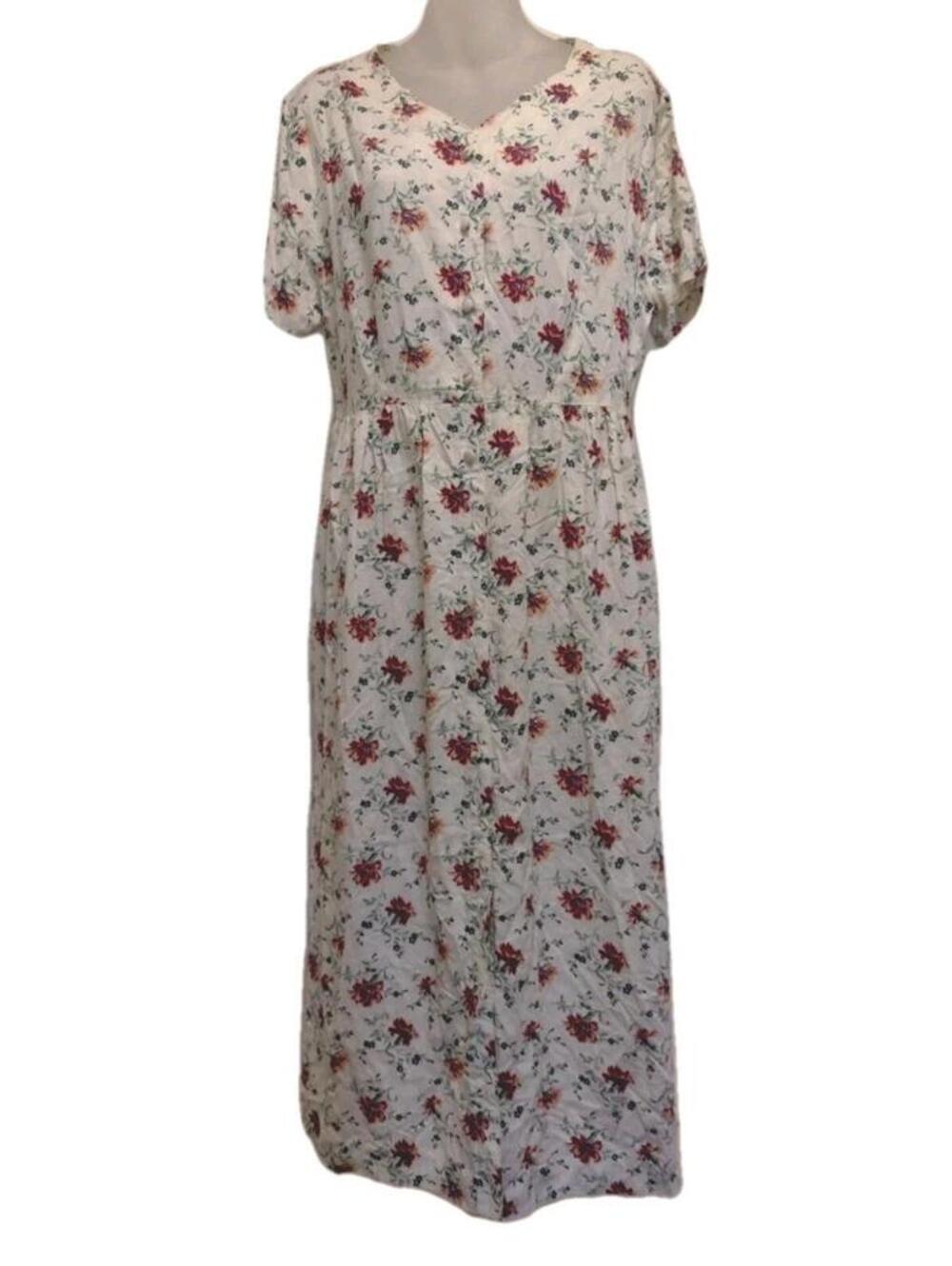 VTG L.L.Bean Floral Rayon Dress Petite 14 Made in USA Button Front Tie Back